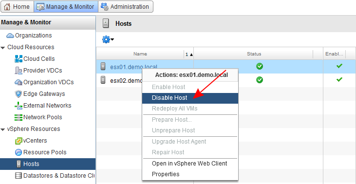 vDirector_DisableHost Aktualizacja ESXi